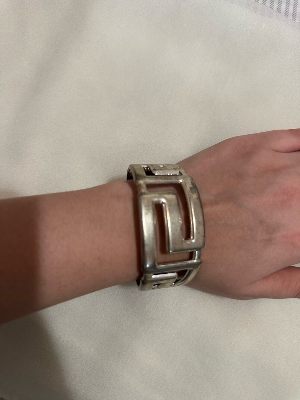 Greek Key Spring Cuff Bracelet – Silver Tone